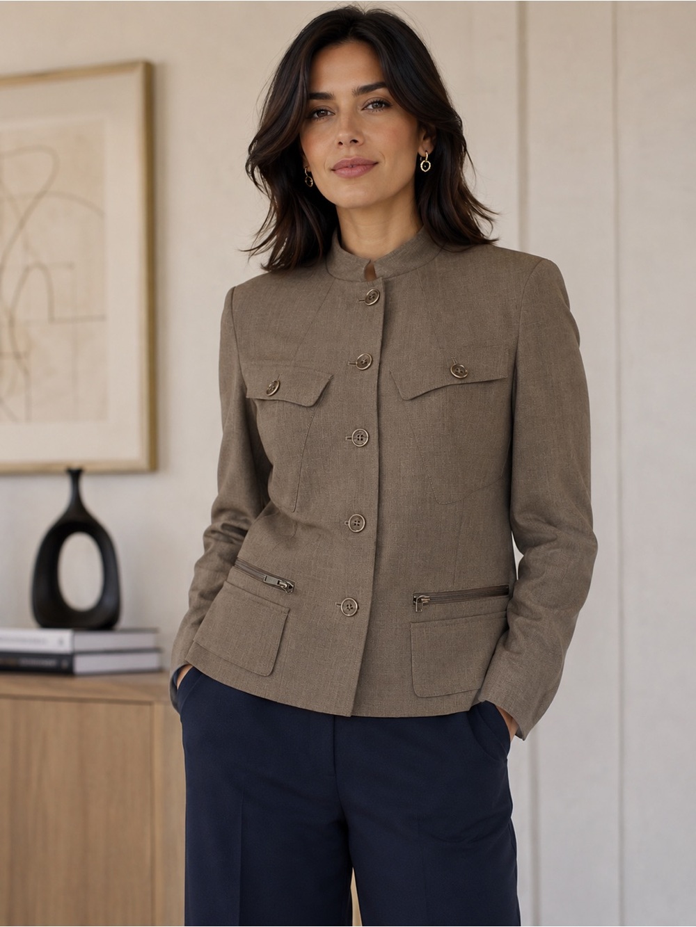Linda Allard Ellen Tracy | Brown Zip Front Jacket | Petite 10 | 96% Cotton
